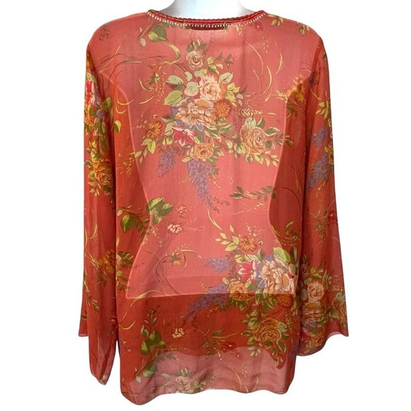 CAbi Womens 100% Silk Floral Embroidered Tunic Top S Coral Pink Sheer Boho Flowy - Picture 5 of 16